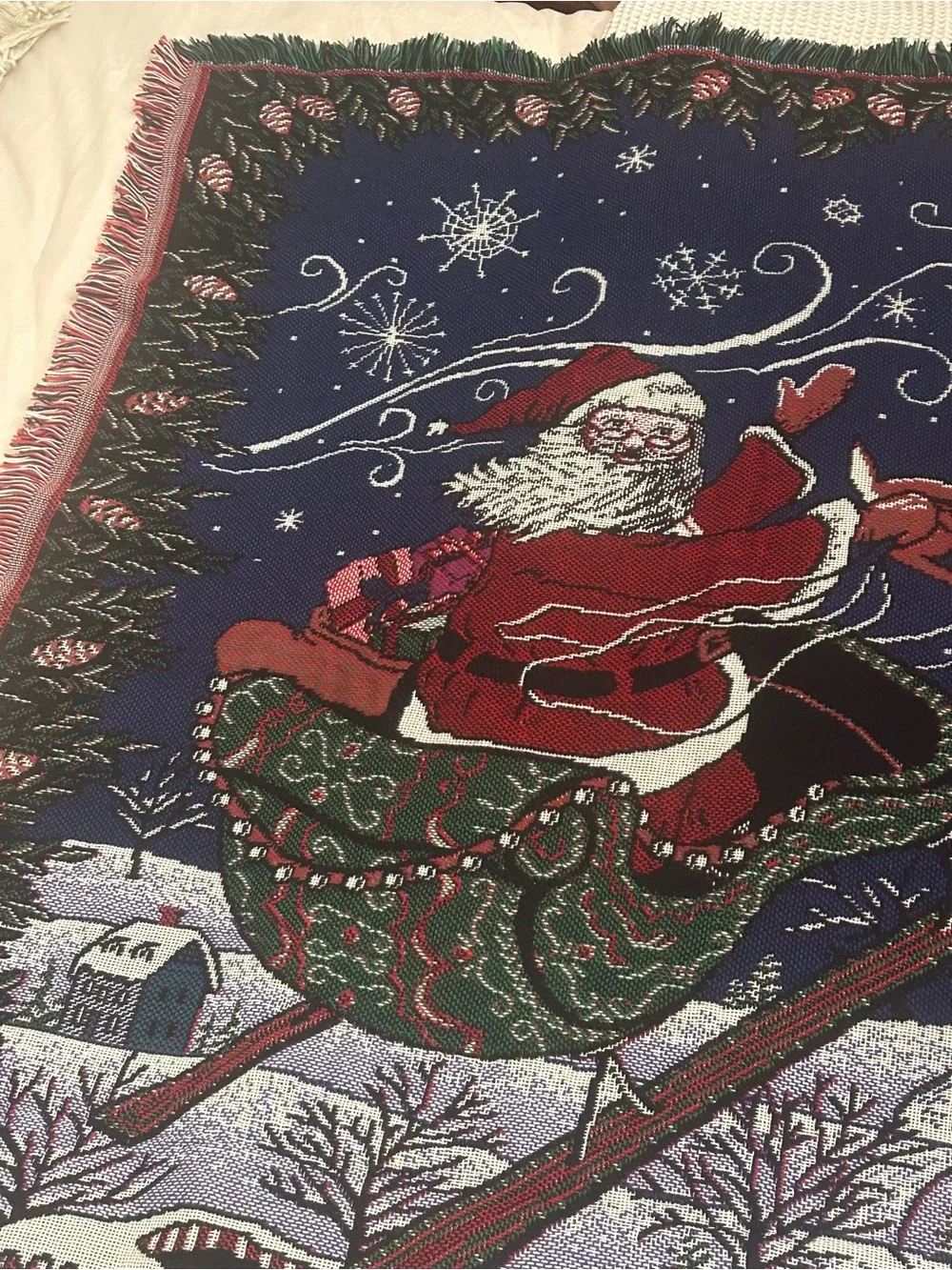 Tapestry Santa Sleigh Holiday Throw Blanket - Navy and Red
